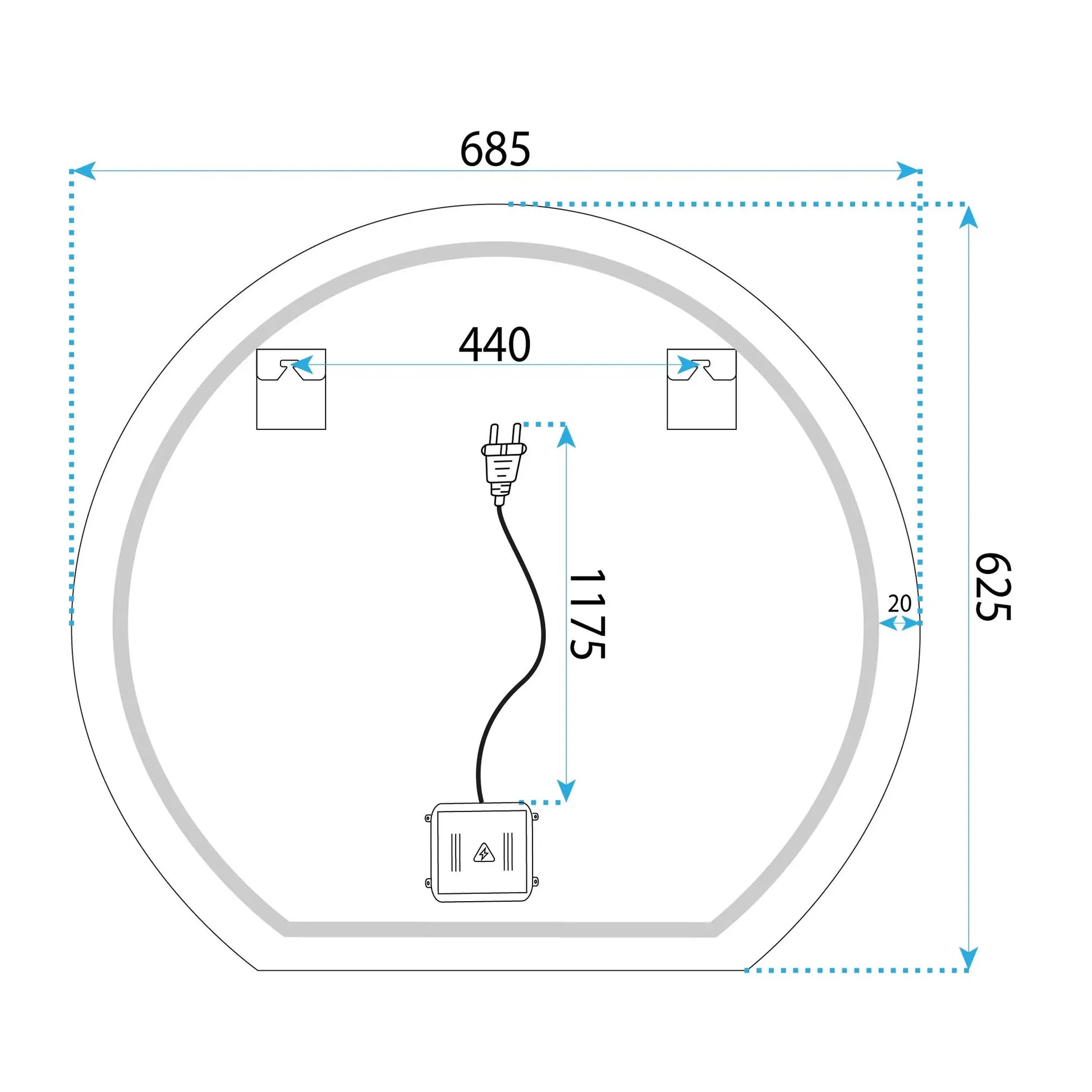 Огледало с осветление и подгрев Fabio 70 см. – размери 685x625 мм, LED и нагревател против замъгляване, огледало за баня