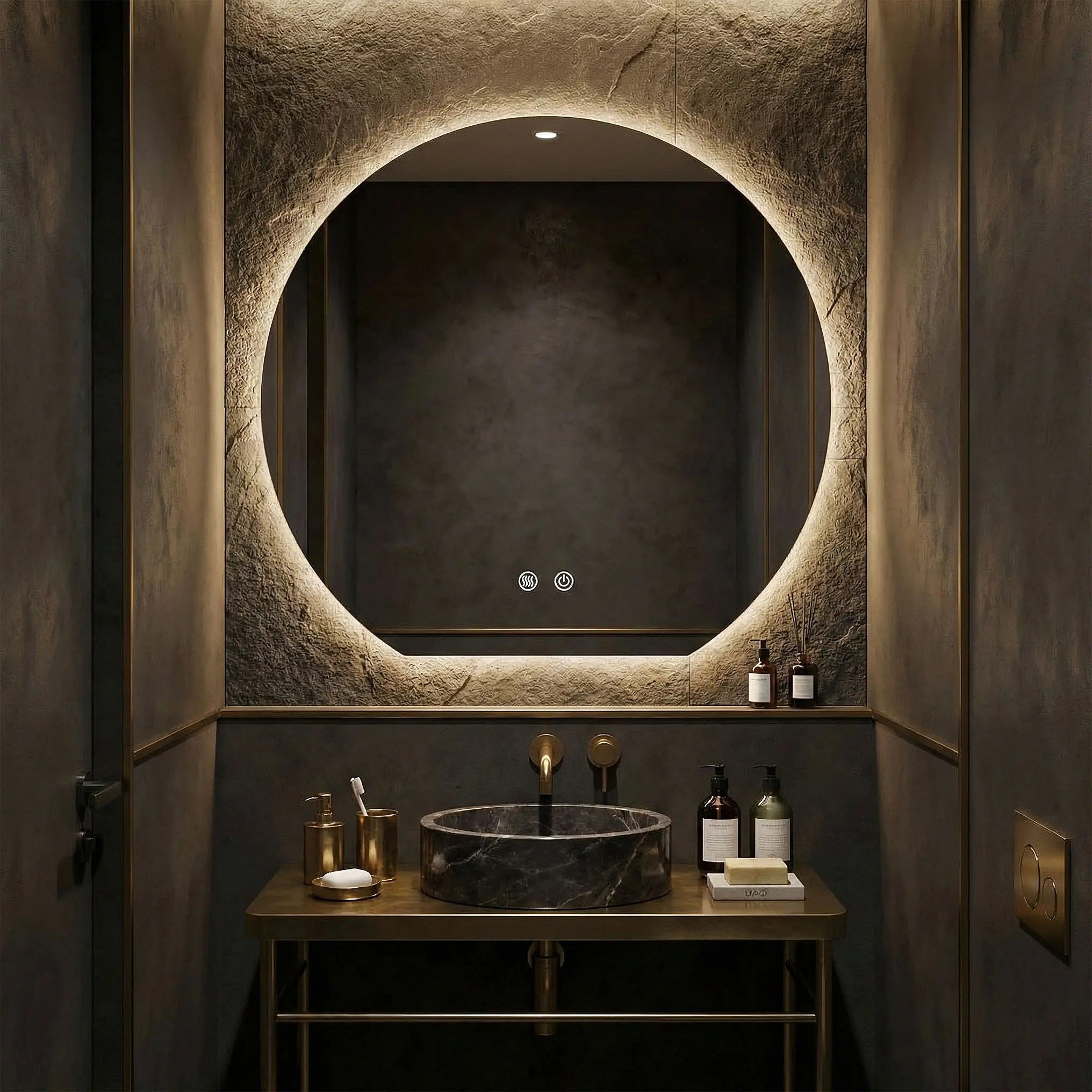 Огледало с осветление и подгрев Fabio 70 см. LED кръгло огледало за баня с touch и антизамъгляване, мебели за баня