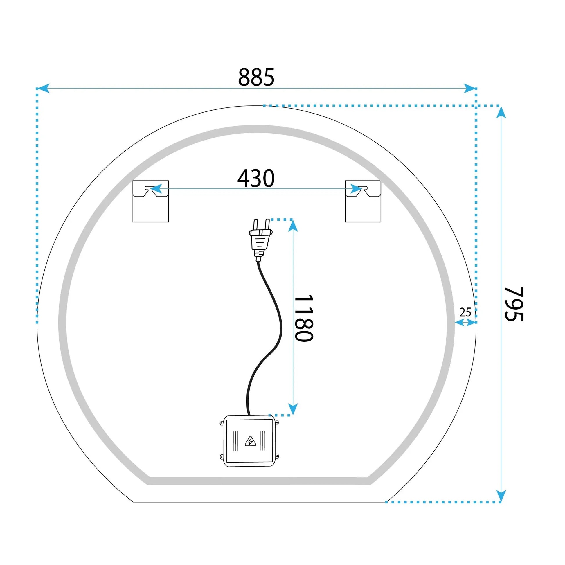 Огледало с осветление и подгрев Fabio 90 см. – схема с размери 885x795 мм, LED захранване и нагревател против замъгляване