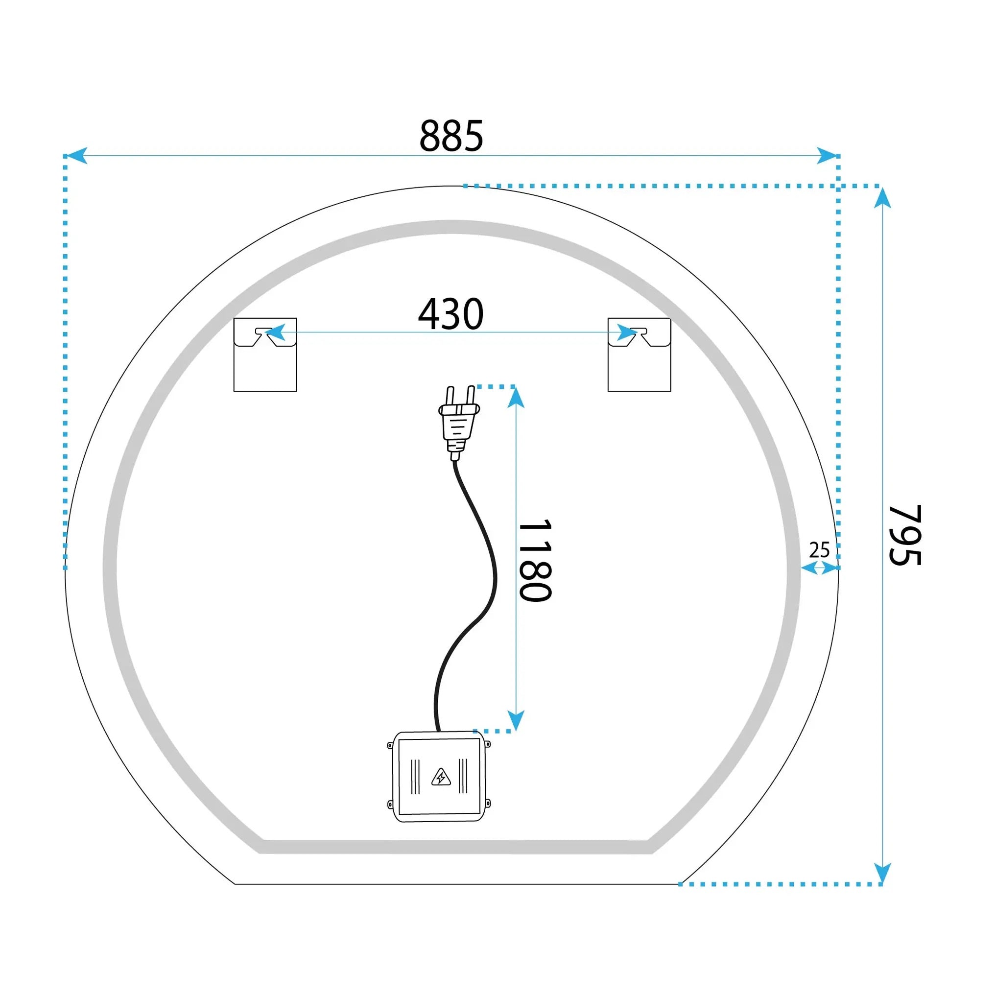 Огледало с осветление и подгрев Fabio 90 см. – схема с размери 885x795 мм, LED захранване и нагревател против замъгляване