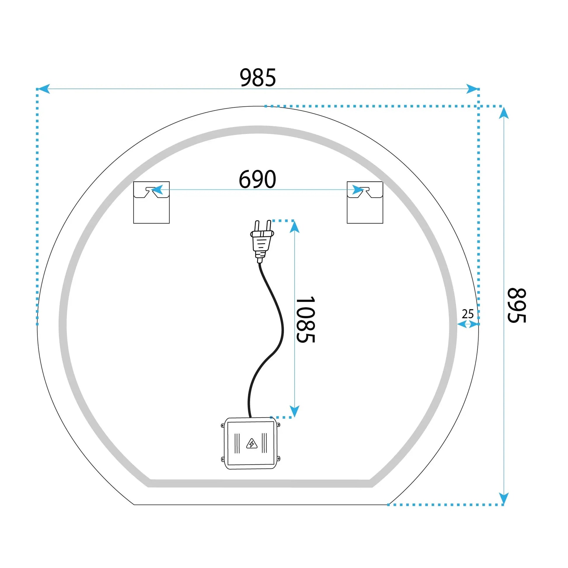 Огледало с осветление и подгрев Fabio 100 см. - схема с размери 985x895 мм, LED и нагревател против замъгляване