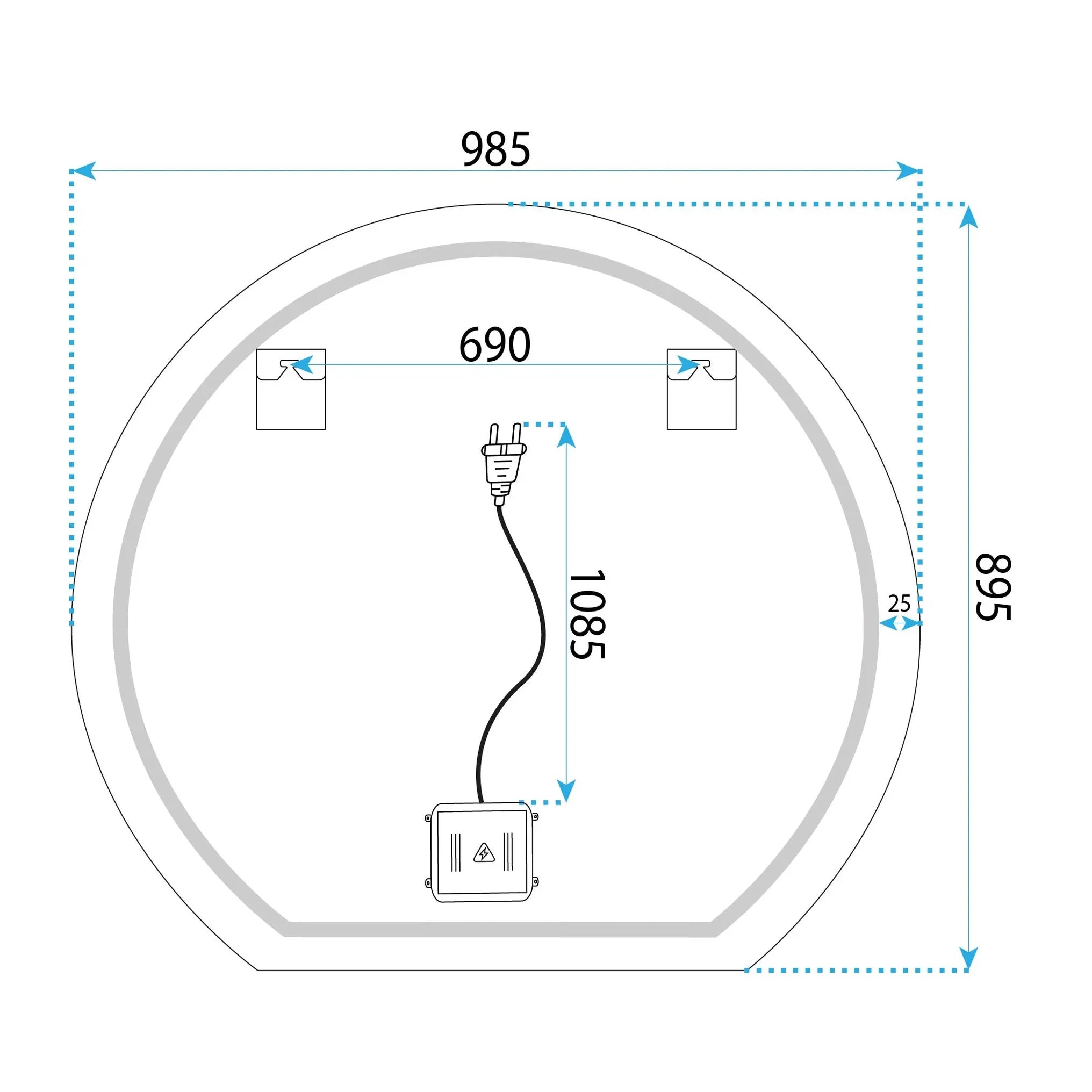 Огледало с осветление и подгрев Fabio 100 см. - схема с размери 985x895 мм, LED и нагревател против замъгляване