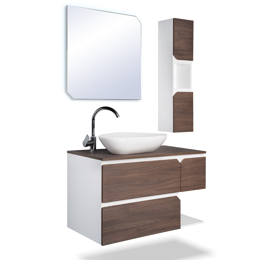 Мебел Ребека 90 см. шкаф с мивка и огледало LED, PVC лак HPL, 3 чекмеджета, онлайн магазин за обзавеждане за бани KERANOVA