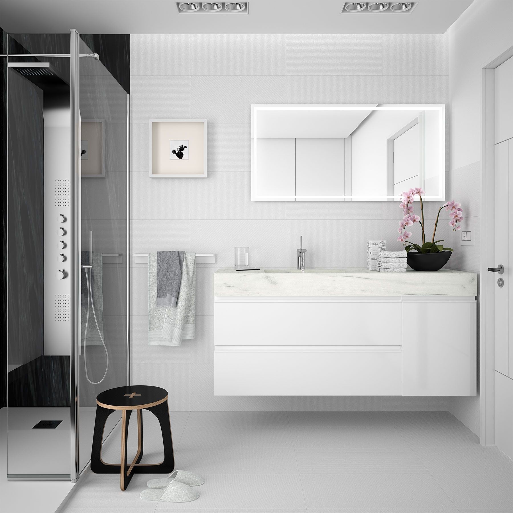 Плот Compakt с излято корито в 5 различни декора - модерен бял банен плот с огледало и орхидеи от KERANOVA