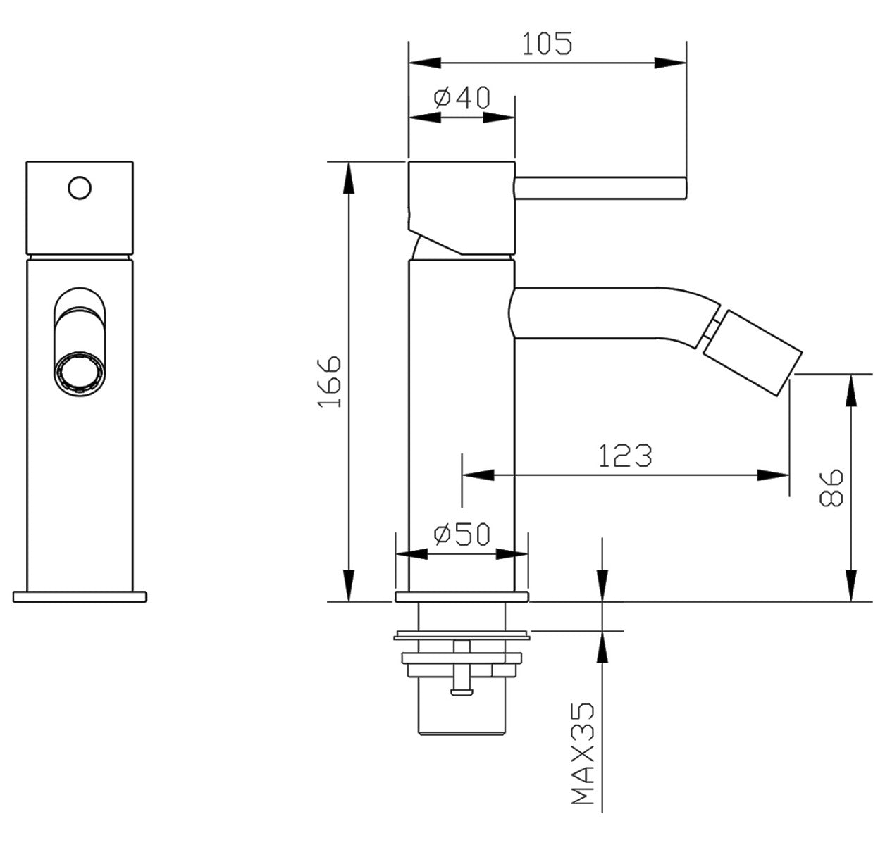 Смесител за биде Eternity Brushed Steel - неръждаема стомана, технически чертеж с размери (166×105×86 мм) за онлайн магазин KERANOVA