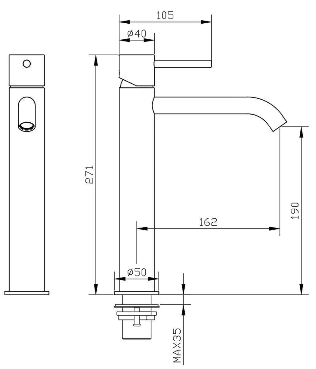 Висок смесител за мивка купа Eternity Brushed Steel - неръждаема стомана с технически размери (височина 271 мм, изход 190 мм) - KERANOVA