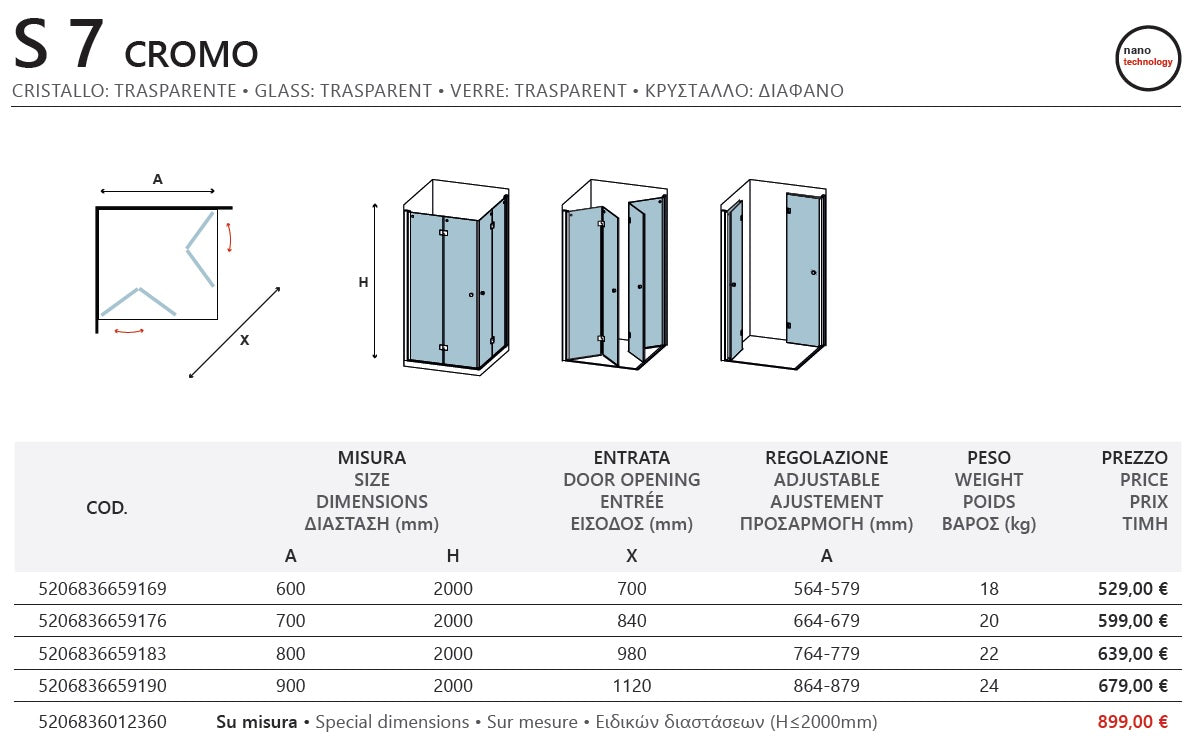 Душ кабина S7 Fold - 70х90 см. - две сгъваеми врати, технически схема и размери, онлайн магазин за обзавеждане за бани KERANOVA
