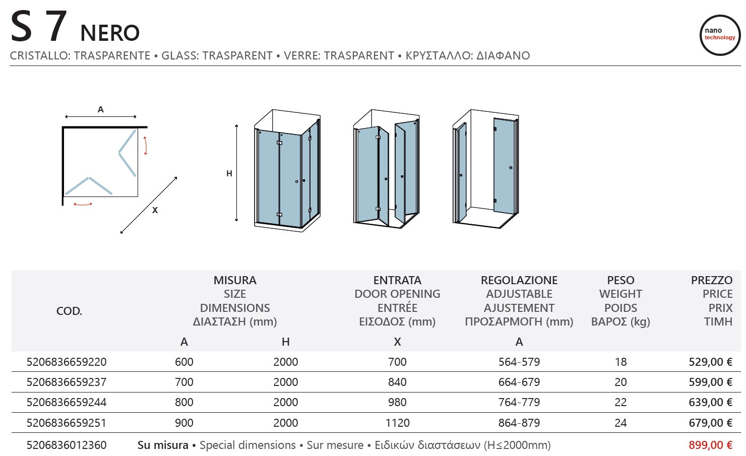 Душ кабина S7 Nero - 90х90 см. - две сгъваеми врати, черен мат, 6 мм стъкло, височина 200 см, анти-калк покритие, KERANOVA онлайн магазин