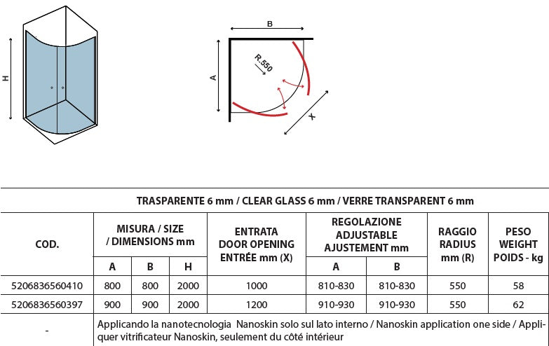Saloon S8 - 80х80 см. - височина 200 см. диаграма и размери душ кабина 6 мм закалено стъкло KERANOVA
