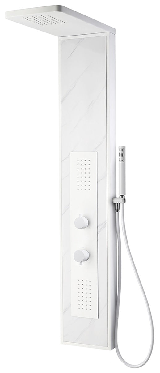 Душ панел в черно Elli White бял стоманен панел с декор полиран мрамор, хидромасажни дюзи и ръчен душ - KERANOVA
