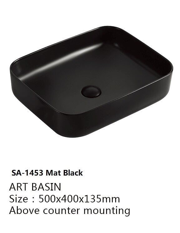 Купа SA-1453 Mat Black 50х40 см. тънка стенна порцеланова мивка за баня, черен мат, монтаж върху плот - онлайн магазин за обзавеждане за бани KERANOVA