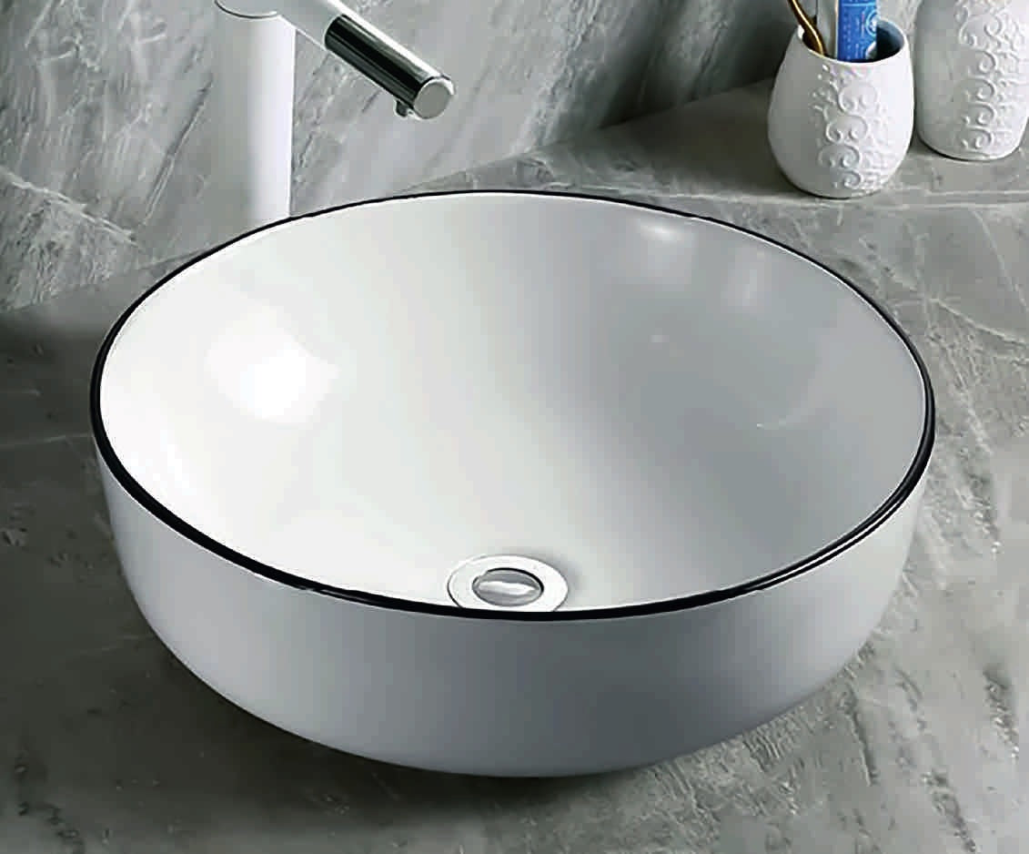 Купа SA-3101A 41,5х41,5 см. порцеланова мивка за баня с черен кант, без отвор за смесител — онлайн магазин за обзавеждане KERANOVA