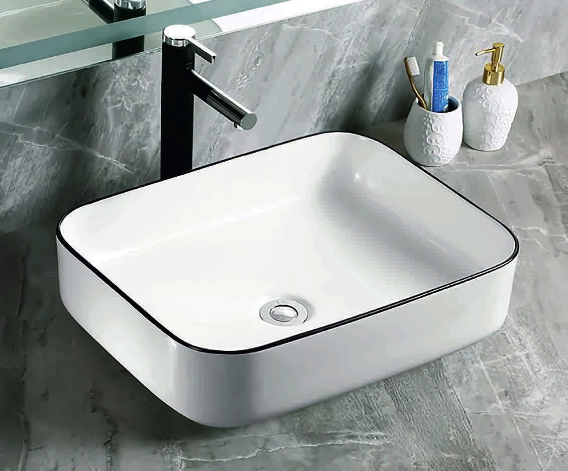 Купа SA-3103 40х30 см. порцеланова бяла мивка с черен кант за баня, без отвор за смесител - онлайн магазин за обзавеждане за бани KERANOVA