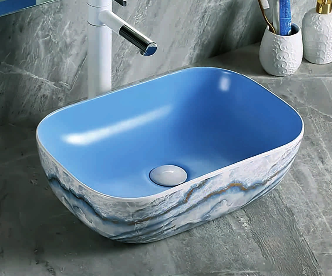 Купа SA-3109 40х32 см. порцеланова мивка мат синьо с външна синя декорация за баня - онлайн магазин KERANOVA