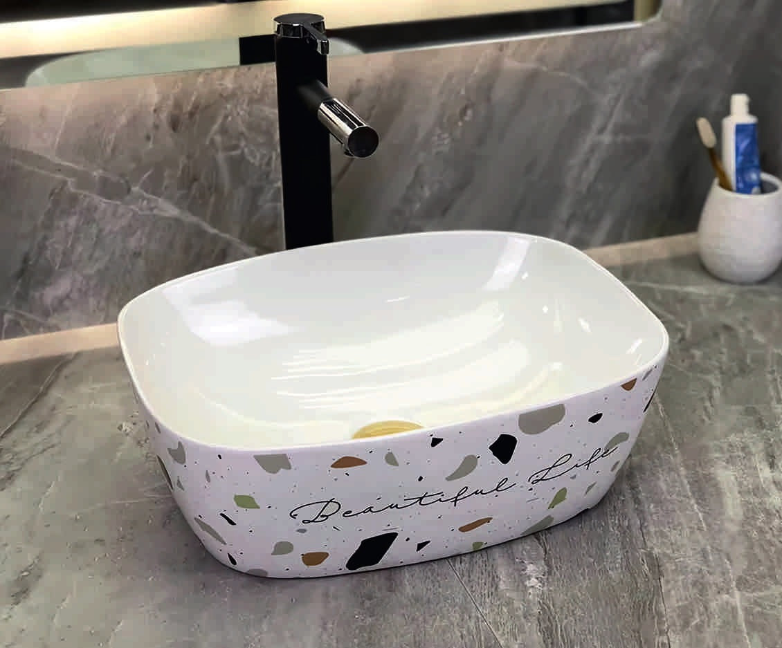 Купа SA-3137 40х32 см. порцеланова мивка за баня с абстрактна декорация, без отвор за батерия – онлайн магазин за бани KERANOVA