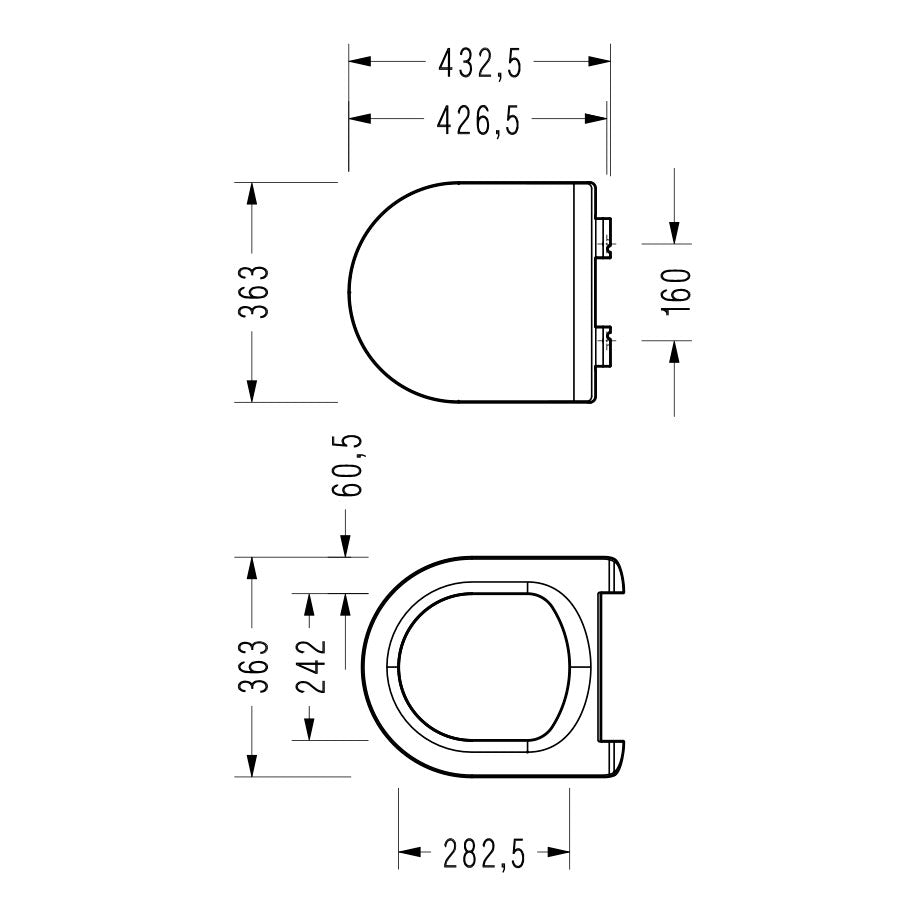 Конзолна тоалетна Saphire Rimless - Serel технически чертеж и размери 432.5x363x282.5 мм за онлайн магазин KERANOVA