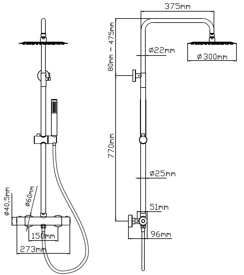 Термостатична душ колона Artemis Satinado - инокс схема с размери; смесители, душ система, душ кабини, душ паравани