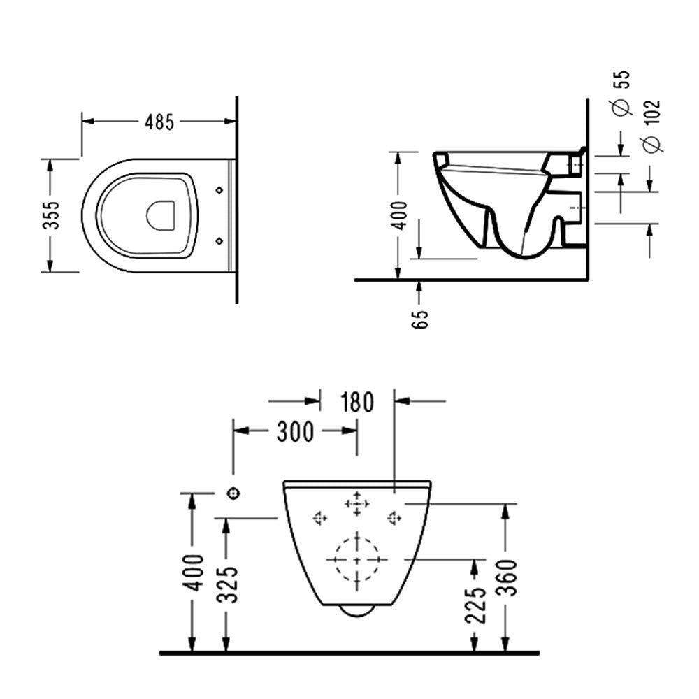 Конзолна тоалетна Smart 48 см. - Serel, технически чертеж с размери и монтажни отвори за онлайн магазин KERANOVA