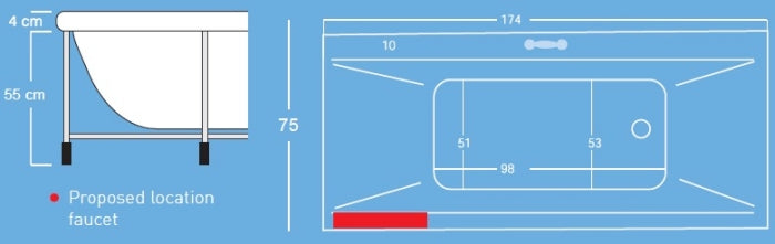 Sonata 160х70 и 175x75 см. хидромасажна вана Bio-Jet бял акрил, схема с размери и предложено място за смесител - KERANOVA