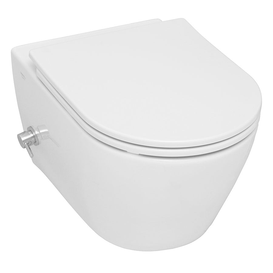 Rimfree тоалетна Saphire с биде и вграден смесител - Serel, конзолна бяла Rimfree чиния SAPHIRE SP26 със SLIM Soft капак