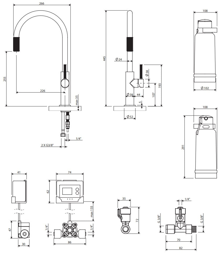 Филтриращ кухненски смесител Omnires Switch Matt Black - технически чертеж с размери за онлайн магазин KERANOVA