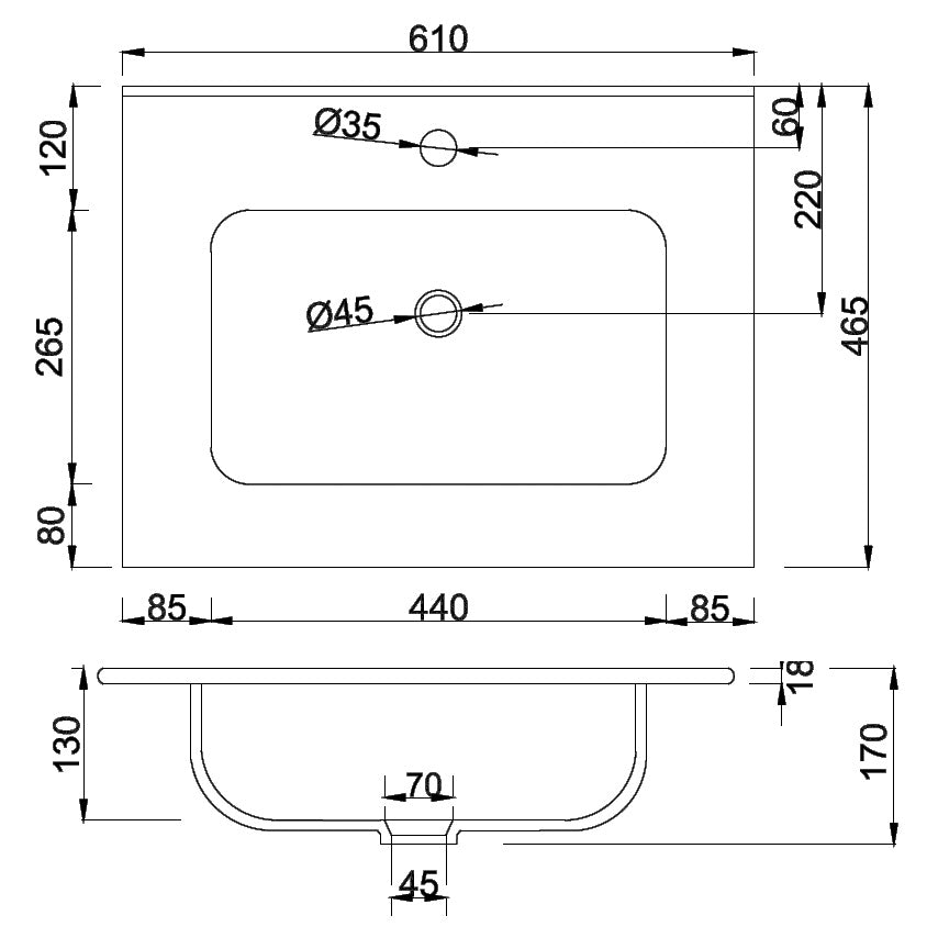 Мебелна мивка LT-7506-60 60х47 см. чертеж с размери 610x465x170 мм, мивка за баня, мебели за баня, смесители