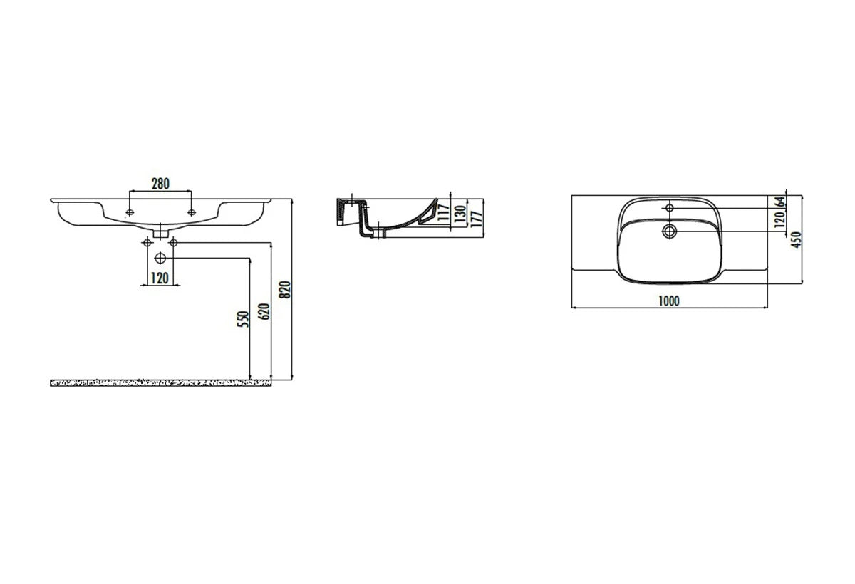 Мебелна мивка Saily 100х45 см. технически чертеж с размери за онлайн магазин за обзавеждане за бани KERANOVA