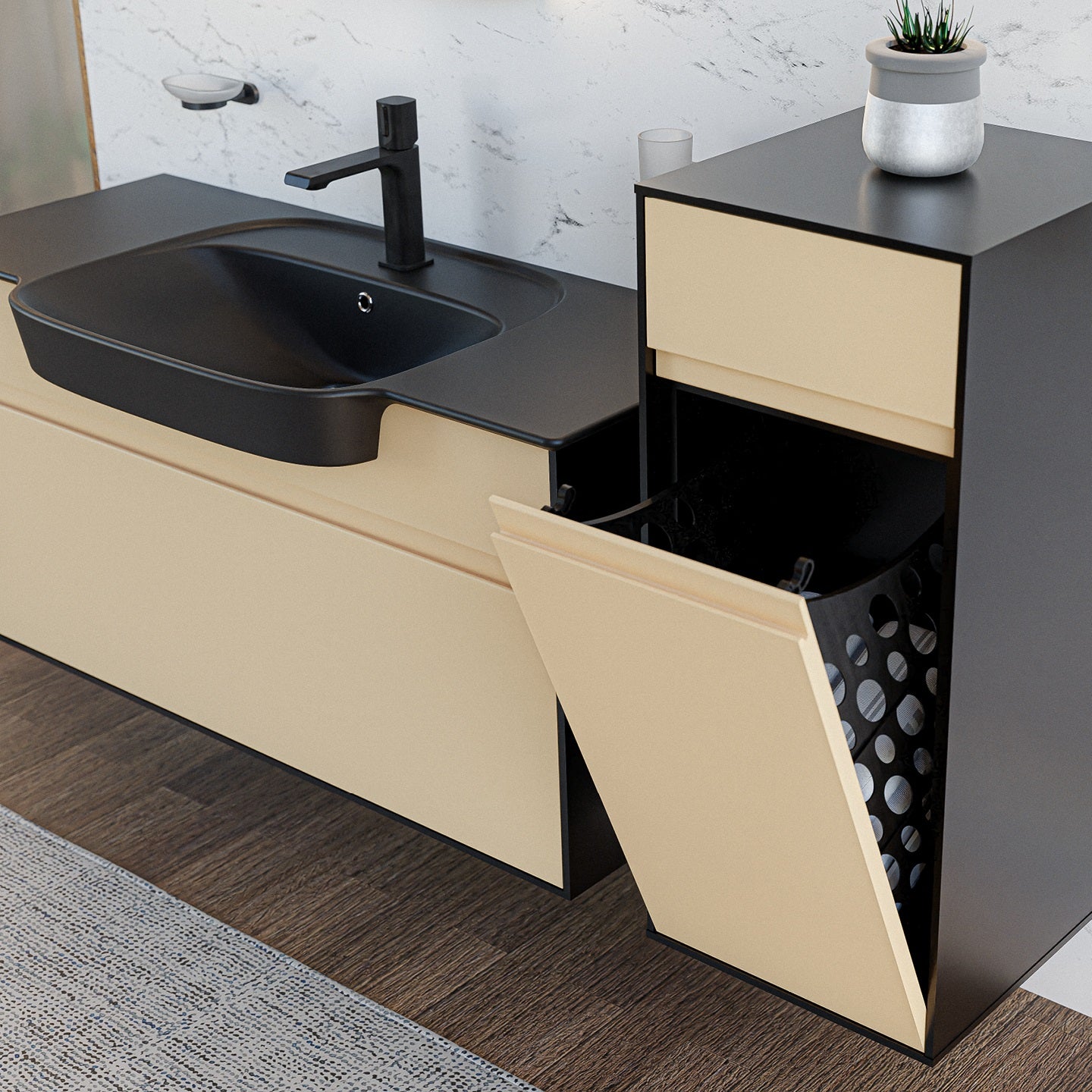 Мебелна мивка Saily 100х45 см. в черно с бежови шкафове, онлайн магазин за обзавеждане за бани KERANOVA