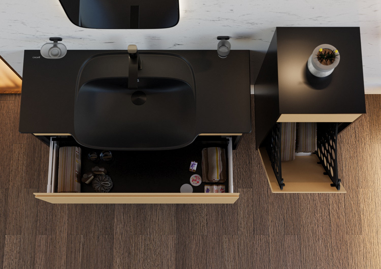 Мебелна мивка Saily 100х45 см. черна с отвор за смесител, модулни чекмеджета и аксесоари — онлайн магазин за обзавеждане за бани KERANOVA