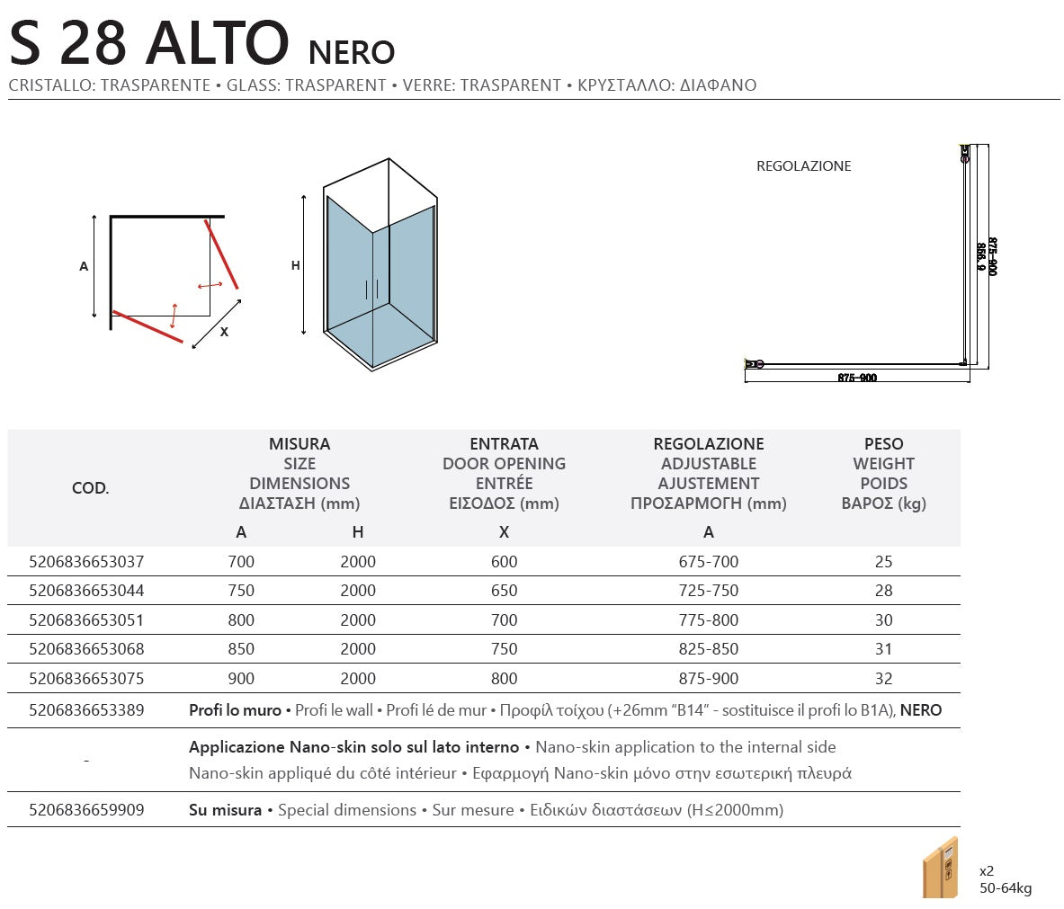 S 28 Alto Nero Clear 80х90 см. душ кабина с две отваряеми врати, прозрачно 6 мм стъкло, черен мат профил - KERANOVA
