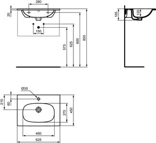 Шкаф с мивка Tessi 62,5х45 см. - Ideal Standard технически чертеж и размери за онлайн магазин KERANOVA