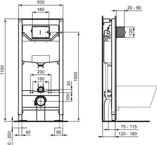Комплект Connect Air AquaBlade - Ideal Standard вграденa структура ProSys 120 с размери и монтажна схема за KERANOVA онлайн магазин