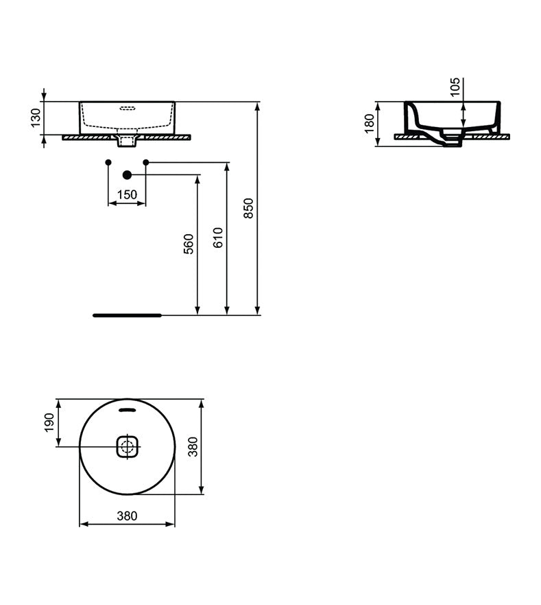 Мивка за плот Strada II 38х38 см - Ideal Standard технически чертеж с размери 38x38 см, монтаж върху плот, преливник, KERANOVA