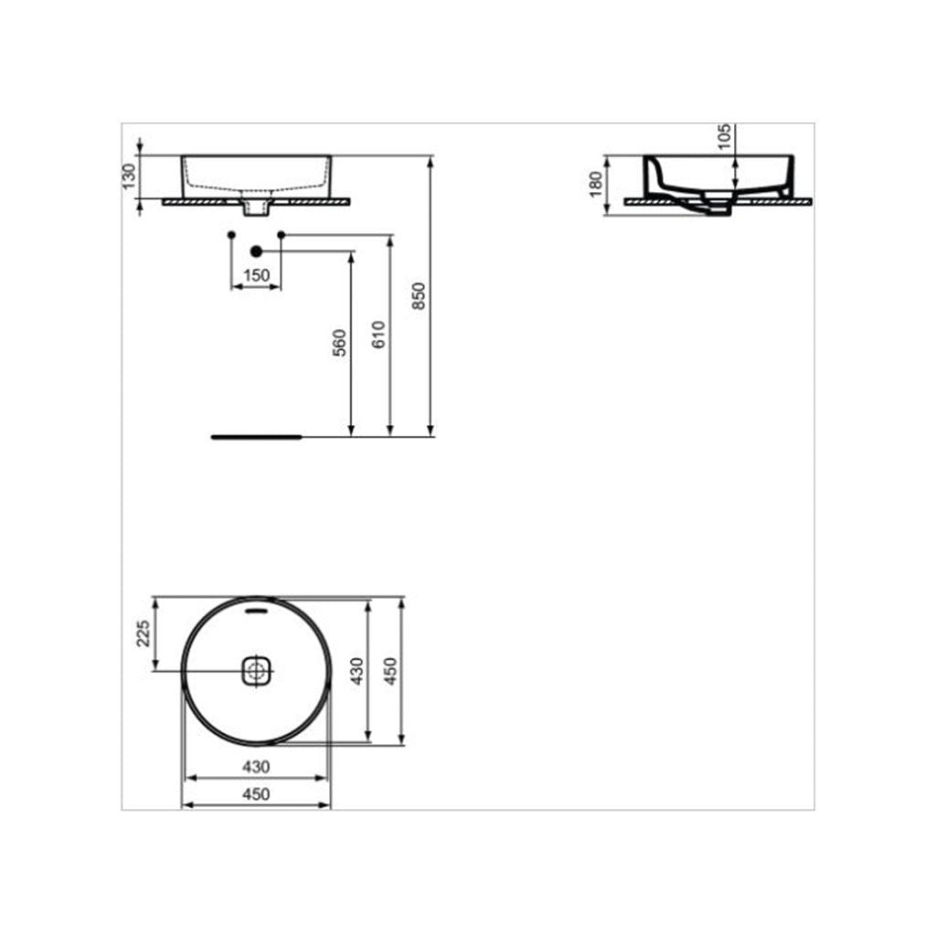 Мивка за плот Strada II 45х45 см - Ideal Standard, технически чертеж с размери и план монтаж, онлайн магазин KERANOVA