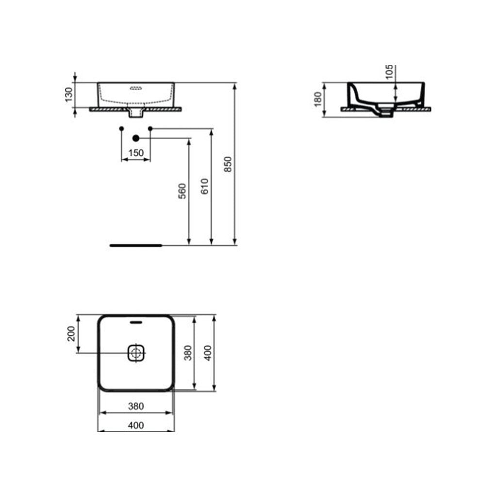 Мивка за плот Strada II 40х40 см - Ideal Standard, технически чертеж с размери 40x40 cm, монтаж върху плот, KERANOVA онлайн магазин