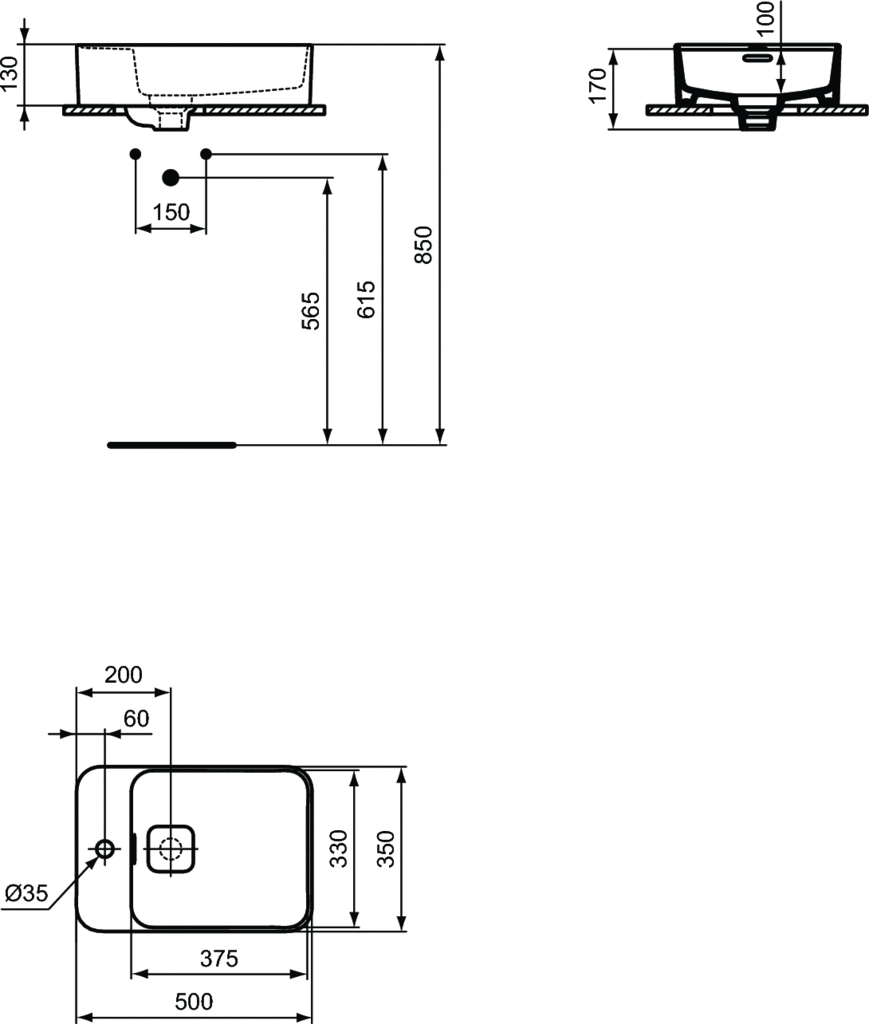 Мивка за плот Strada II 50х35 см - Ideal Standard, технически чертеж с размери и монтажни отвори за онлайн магазин KERANOVA