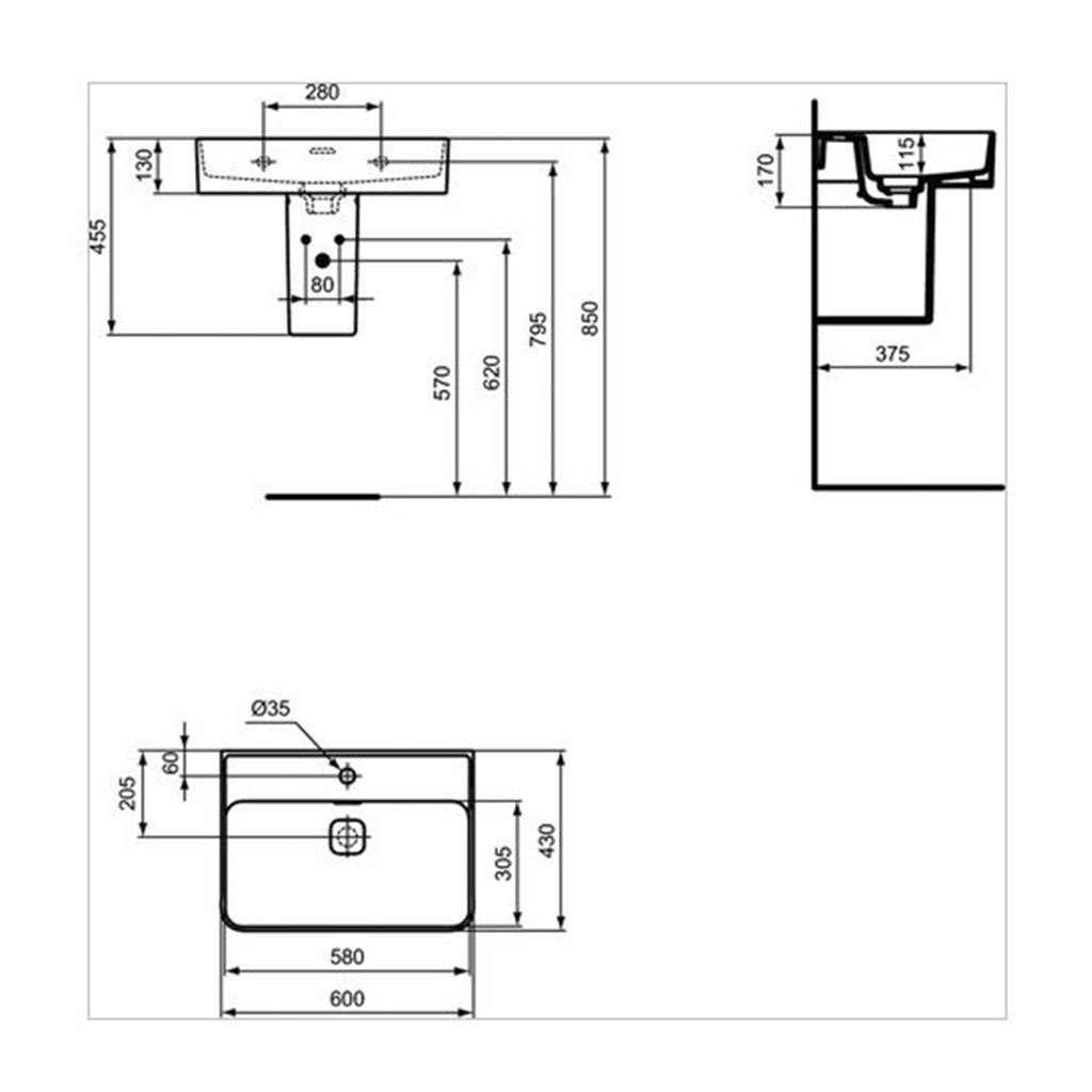 Мивка за монтаж върху плот Strada II 60х43 см - Ideal Standard технически чертеж с размери за онлайн магазин KERANOVA