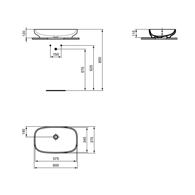 Мивка за монтаж върху плот I.Life B 60х37 см - Ideal Standard, технически чертеж с размери 600x370 мм за онлайн магазин KERANOVA
