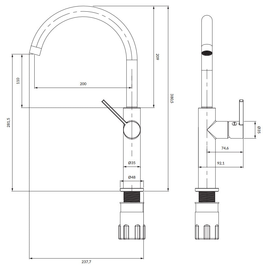 Кухненски смесител Omnires Tula Gold - технически чертеж с размери, въртящ се чучур 20 см, златно покритие, KERANOVA онлайн магазин