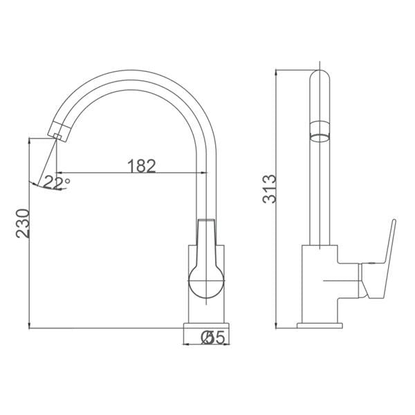 Кухненски смесител Tok с хром, технически чертеж с размери 313x230 мм за онлайн магазин KERANOVA
