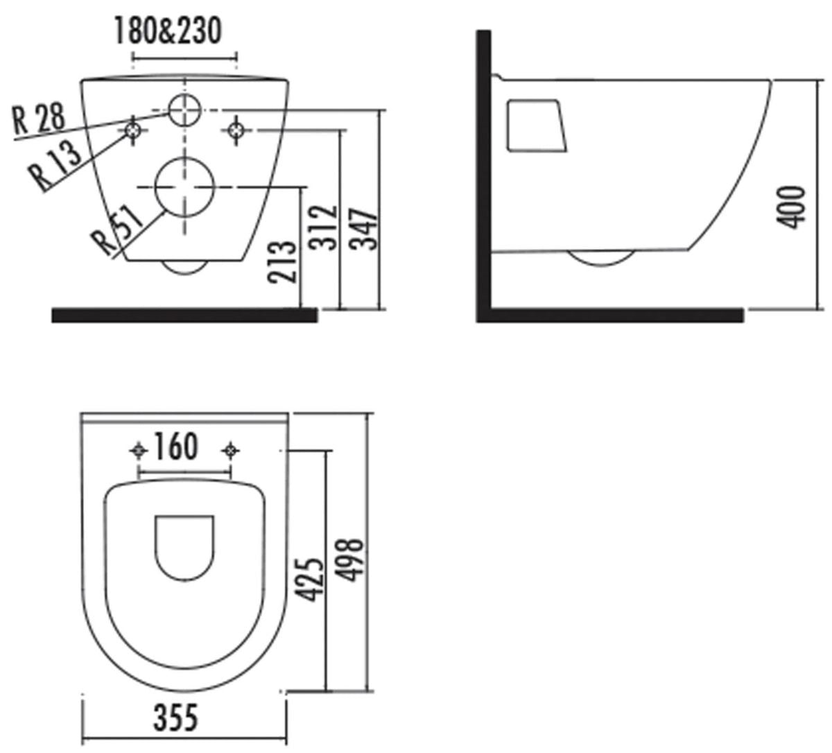 Конзолна тоалетна Arma - опция биде, технически чертеж с размери 355x498 мм, онлайн магазин KERANOVA