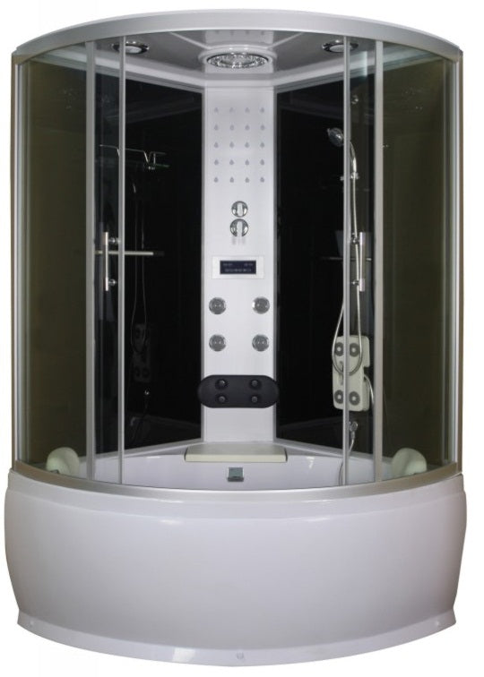 Душ кабина с високо корито TR20 120х120 см. – хидромасажна кабина с високо поддушово корито, черен стъклен гръб, LED, радио, хромотерапия – KERANOVA