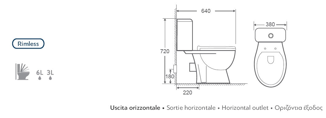 Моноблок Venice Rimless - технически чертеж, размери и хоризонтален отвор, онлайн магазин за обзавеждане за бани KERANOVA