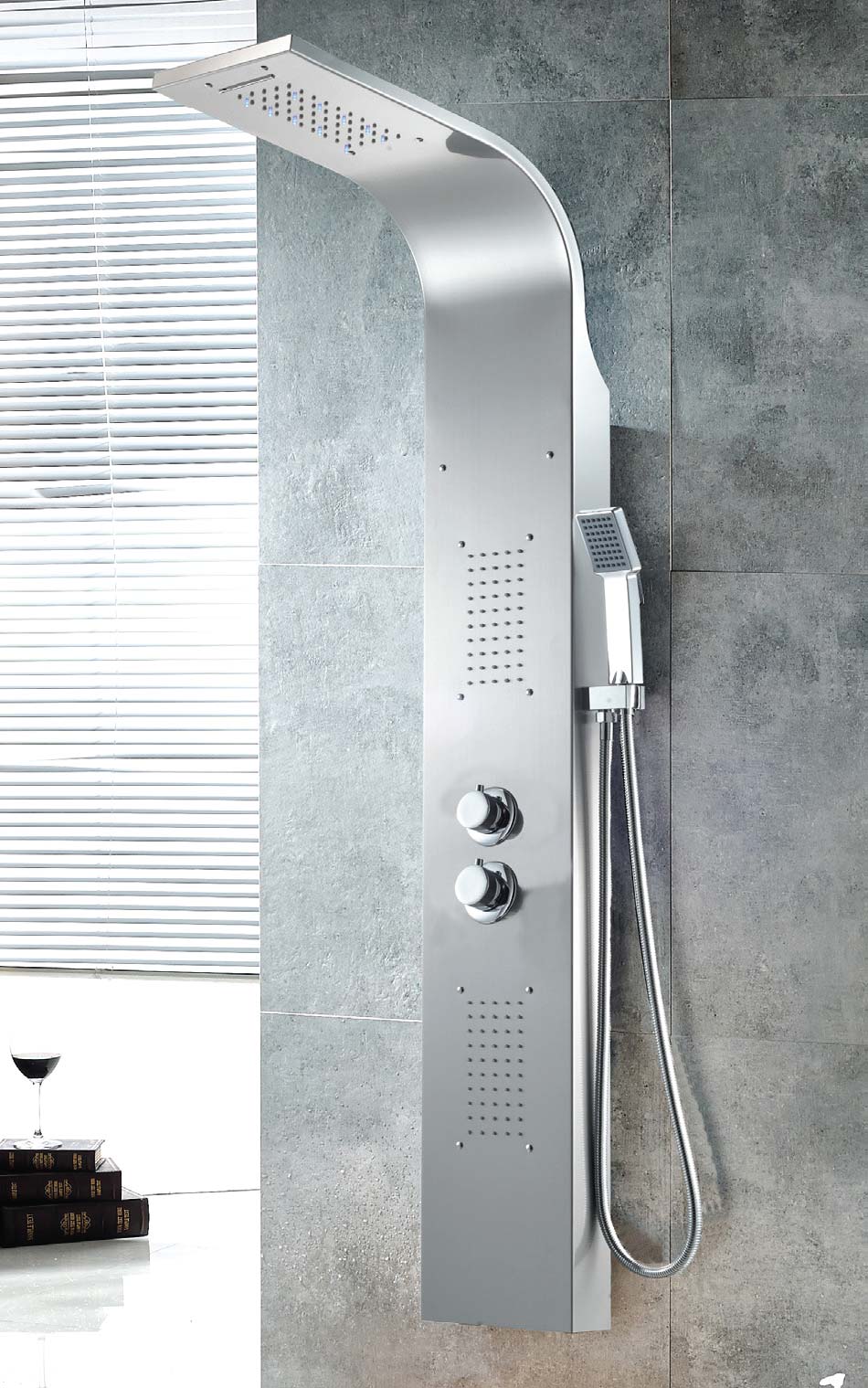 Душ панел Teide Basic Inox Thermostatic - Oasis Star /Испания/ - алуминиев хидромасажен панел с термостат, каскада, ръчен душ, 150x22x46 см