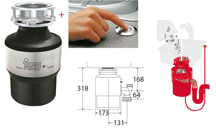Мелница за хранителни отпадъци TR 50.4 за мивки 3 1/2" с пневматичен бутон, сифон и шумоизолация - онлайн магазин KERANOVA