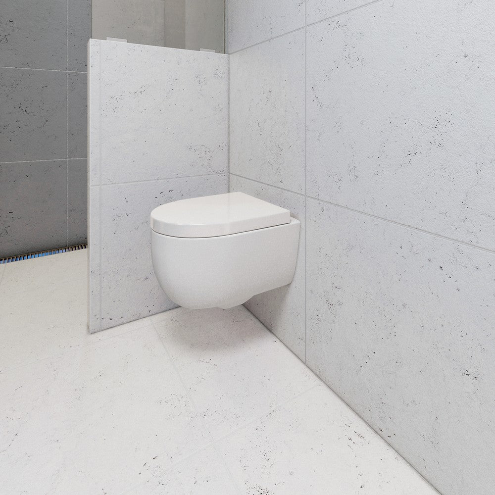 Alt Tag: Промо пакет Bocchi Tondo с биде, смесител и Grohe с хром бутон - бяла rimless конзолна тоалетна Tondo в модерна баня KERANOVA