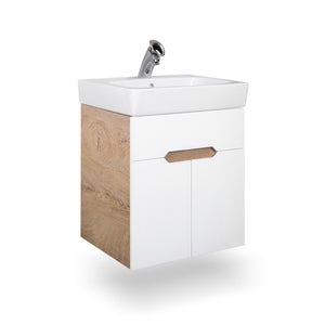 шкаф с мивка Торино 55 HPL от KERANOVA – бял и дъбов корпус, модерен компактeн шкаф за баня