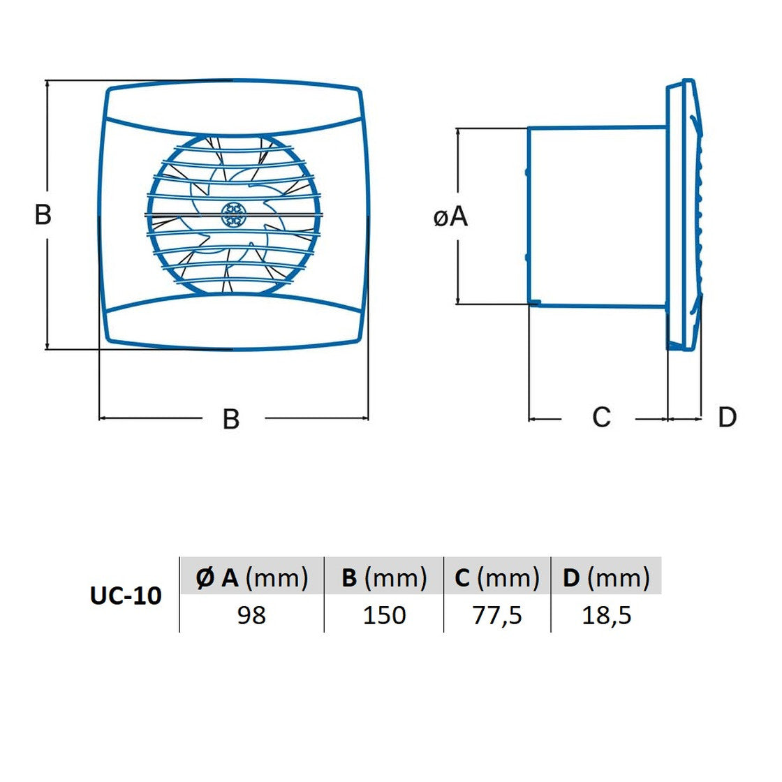Cata UC-10 Silver вентилатор за баня 100 мм диаграма размери B150 C77.5 мм KERANOVA онлайн магазин