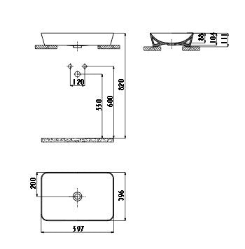 Мивка за плот Ultra Black Matte 60х40 см. технически чертеж с размери 597x396 мм за онлайн магазин KERANOVA