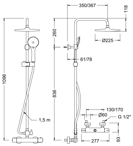 Душ колона Oslo - технически чертеж с размери и термостатичен смесител за баня, онлайн магазин за обзавеждане за бани KERANOVA